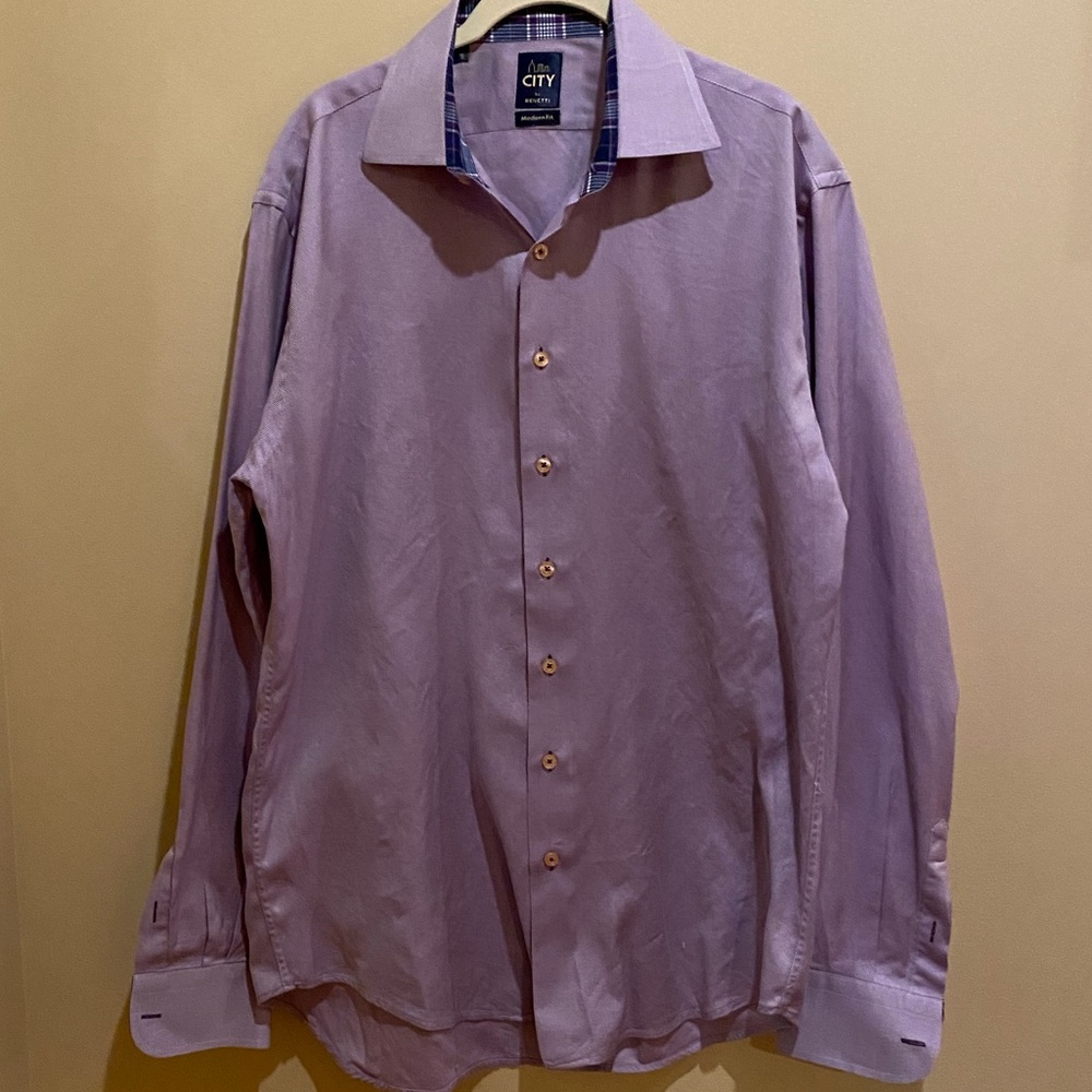Light Pink Benetti Men’s Casual Button Down Shirt with Plaid Cuffs